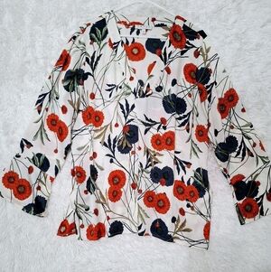 Chaus New York Ladies White Floral Blouse Top Size XL 3/4 Sleeve Satin  Spring